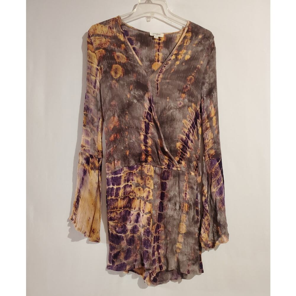 Umgee USA Tie Dye Surplice Bell Sleeve Crinkle Romper Womens Size M Pockets Boho